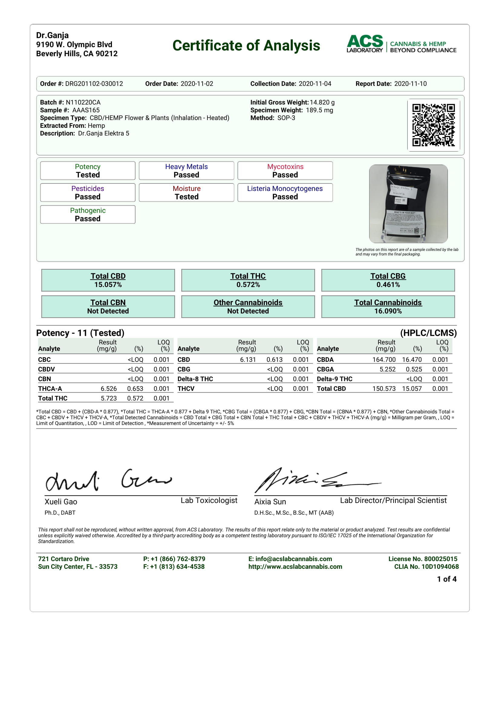 Dr.Ganja Elektra Cannabinoids Certificate of Analysis Dr.Ganja Elektra Cannabinoids Certificate of Analysis