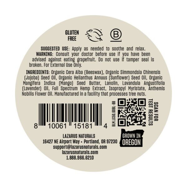 Lazarus Naturals Full Spectrum CBD Balm Relax + Unwind 3000mg Label