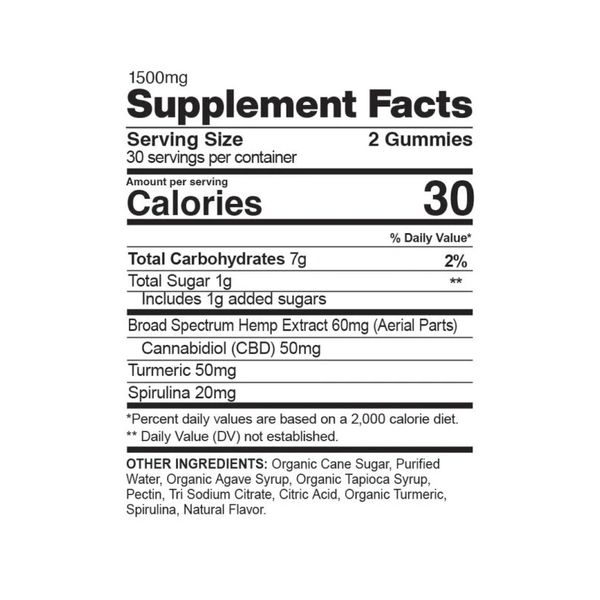 CBDfx CBD Gummies Turmeric Spirulina 1500mg 60ct Supplement Facts