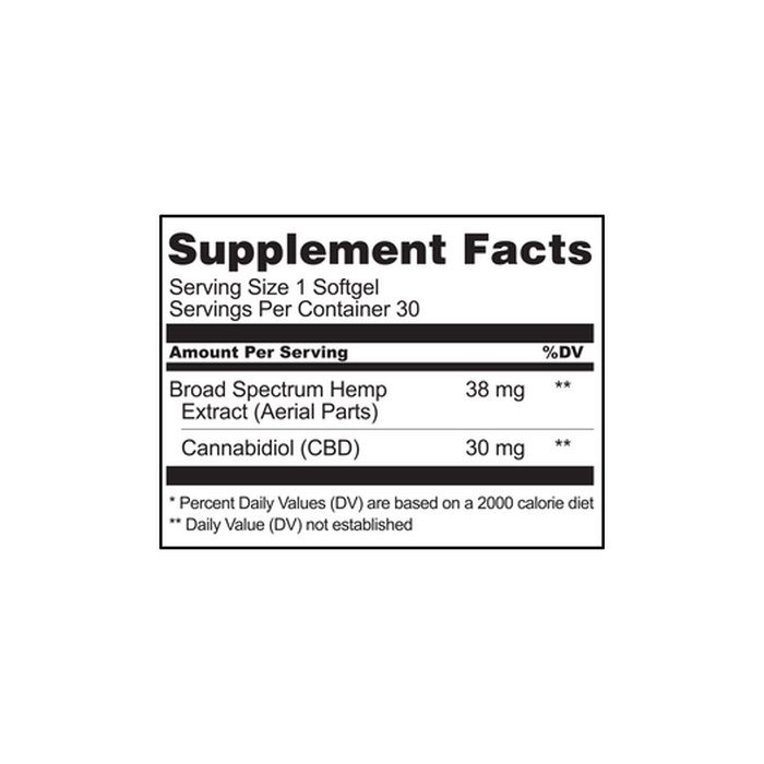 CBDistillery CBD Broad Spectrum Softgels 30mg 30ct Supplement Facts