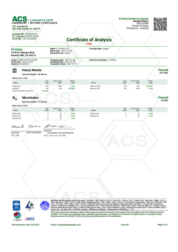 Dr.Ganja Hawthorne Express Series II Heavy Meatals and Mycotoxins Certificate of Analysis