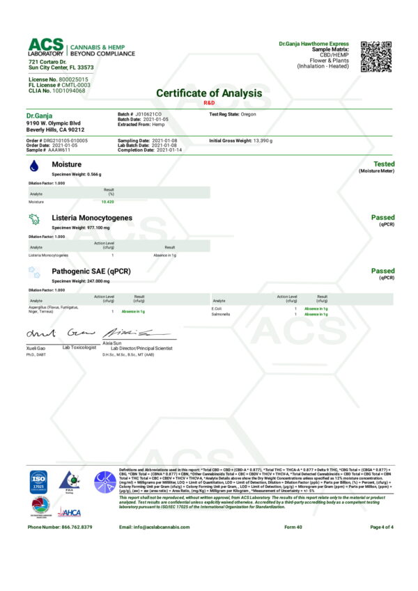 Dr.Ganja Hawthorne Express Series II Microbials Certificate of Analysis