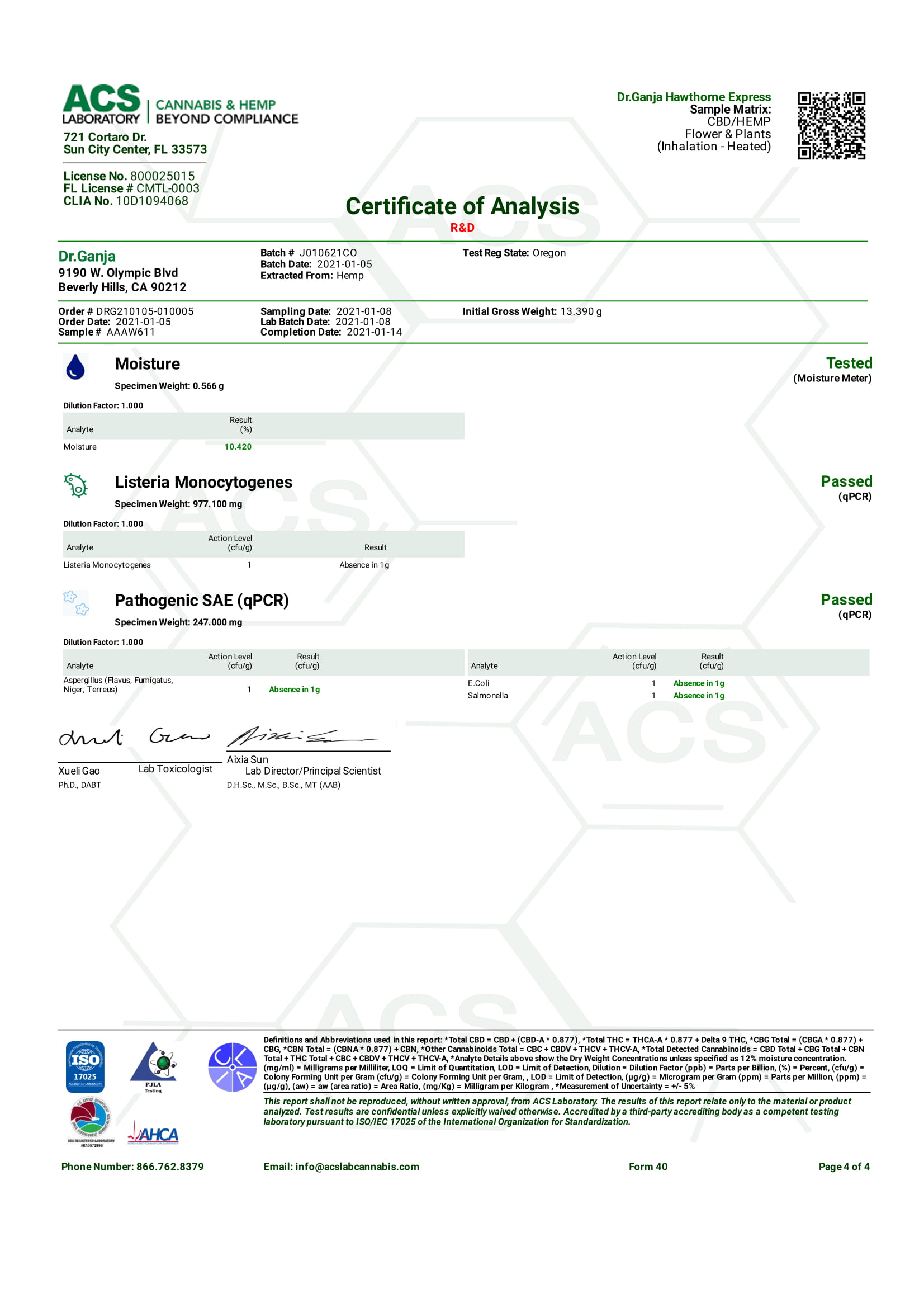 Dr.Ganja Hawthorne Express Series II Microbials Certificate of Analysis Dr.Ganja Hawthorne Express Series II Microbials Certificate of Analysis