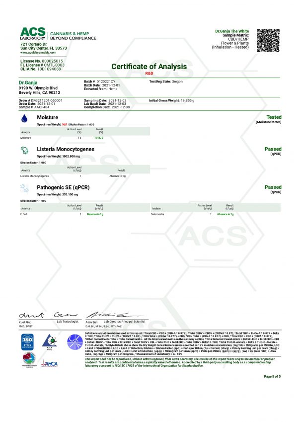 Dr.Ganja The White CBG Flower Microbials Certificate of Analysis