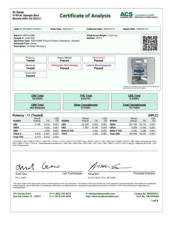 DrGanja Remedy CBD Flower Cannabinoids Certificate of Analysis