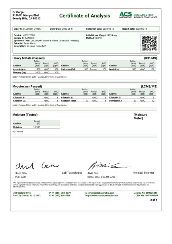 DrGanja Remedy CBD Flower Heavy Metals and Mycotoxins Certificate of Analysis