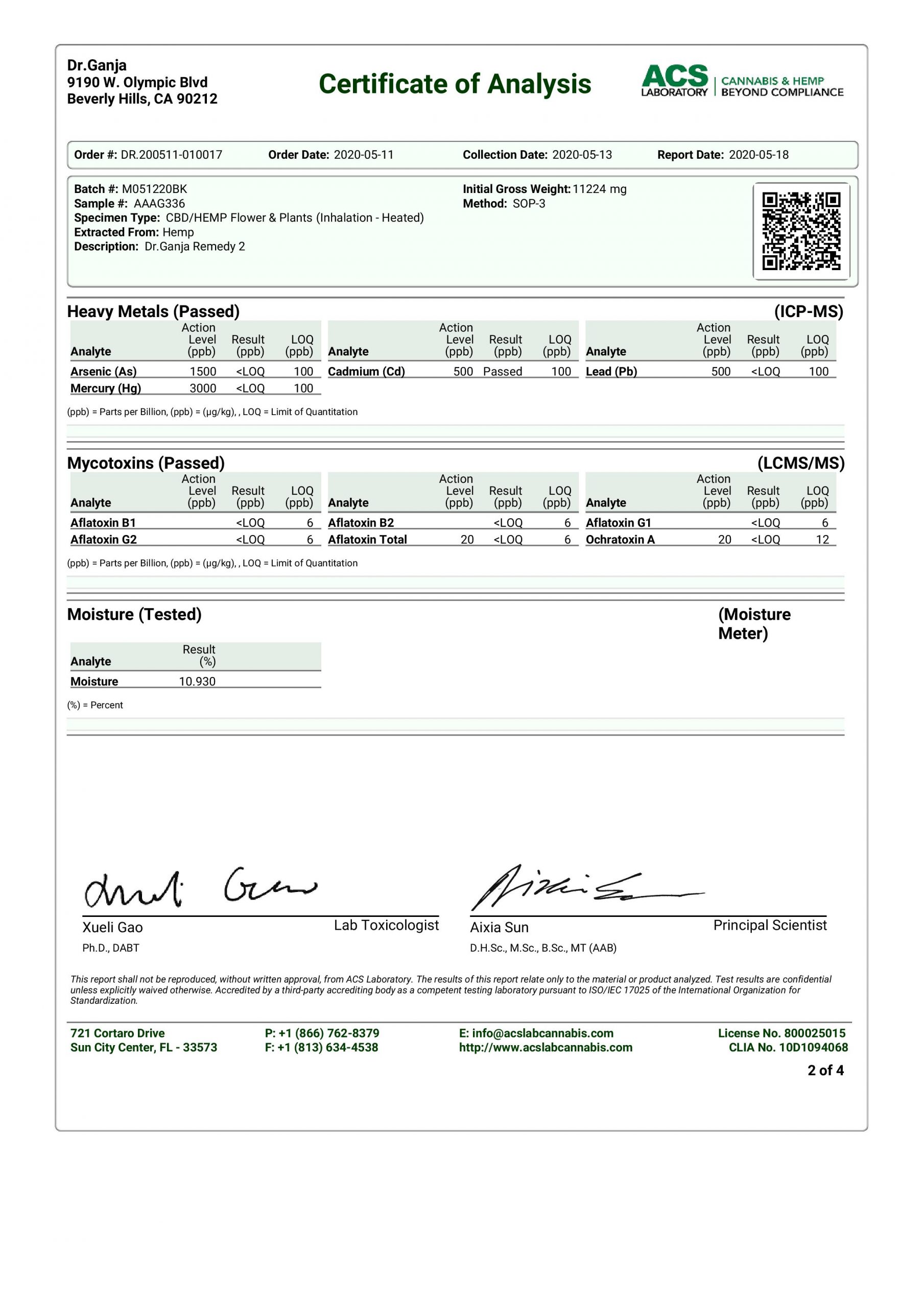 DrGanja Remedy CBD Flower Heavy Metals and Mycotoxins Certificate of Analysis
