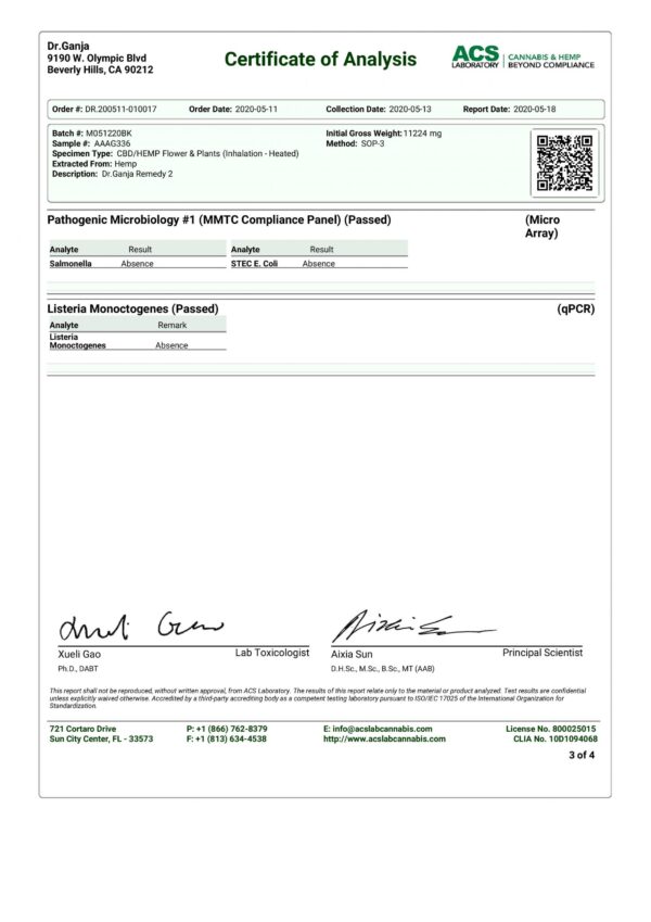 DrGanja Remedy CBD Flower Microbials & Monoctogenes Certificate of Analysis