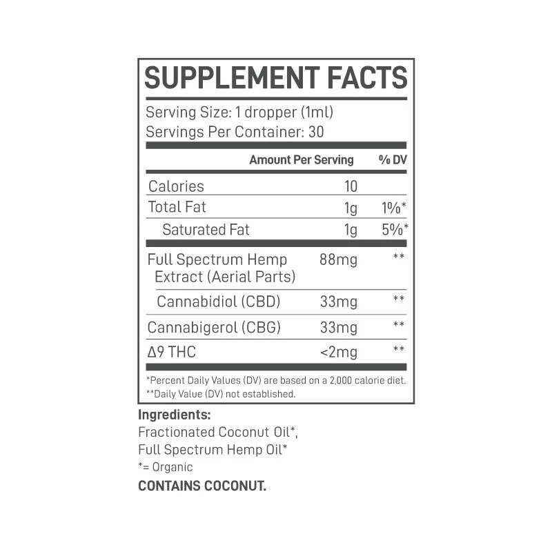 Extract Labs Full Spectrum CBD CBG Tincture 2000mg 30ml Supplement Facts