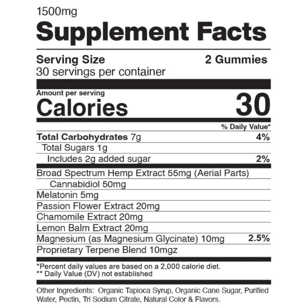 CBDfx CBD Gummies Sleep with Melatonin 1500mg 60ct Supplement Facts