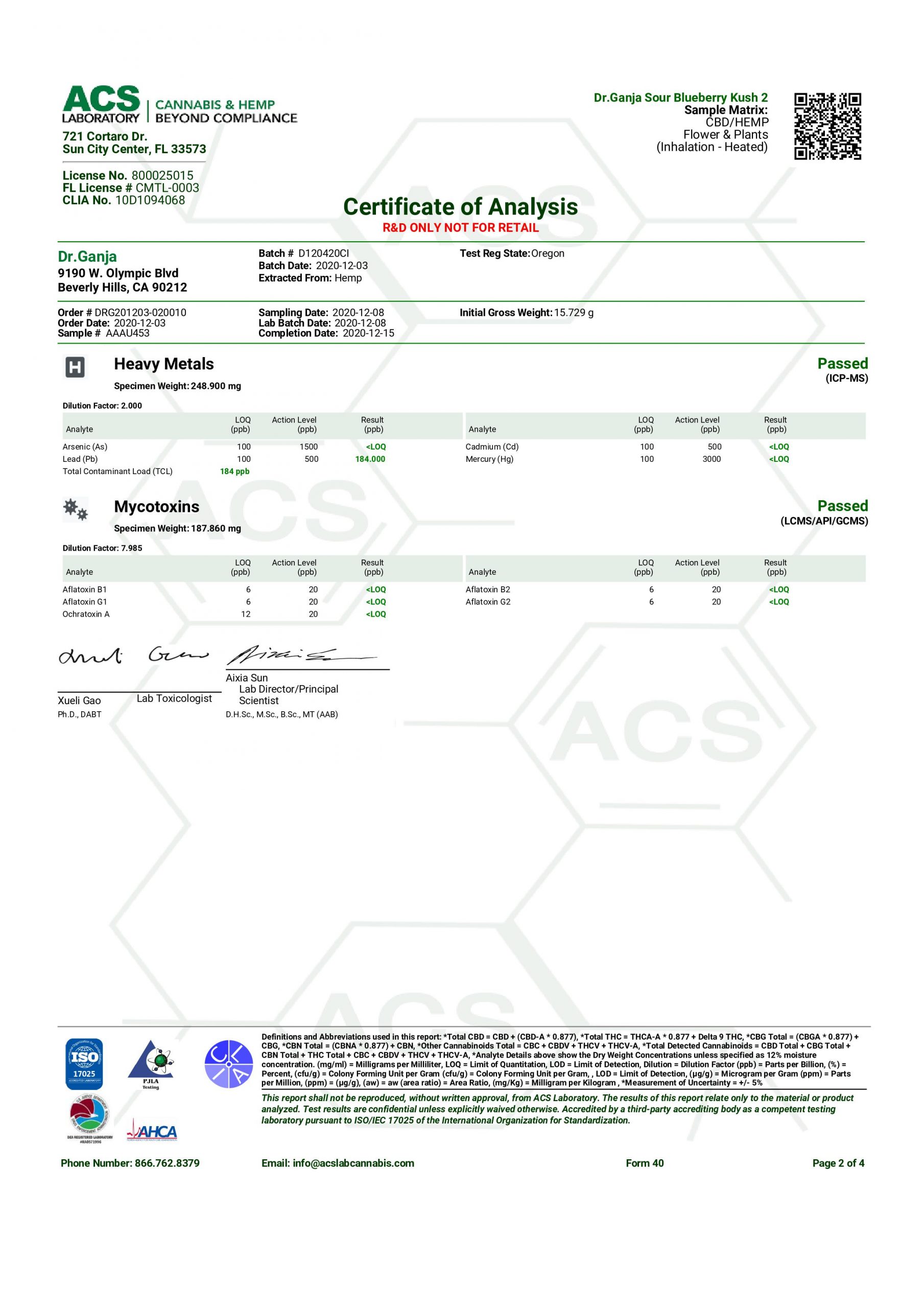 Dr.Ganja Sour Blueberry Kush Heavy Metals & Mycotoxins Certificate of Analysis Dr.Ganja Sour Blueberry Kush Heavy Metals & Mycotoxins Certificate of Analysis