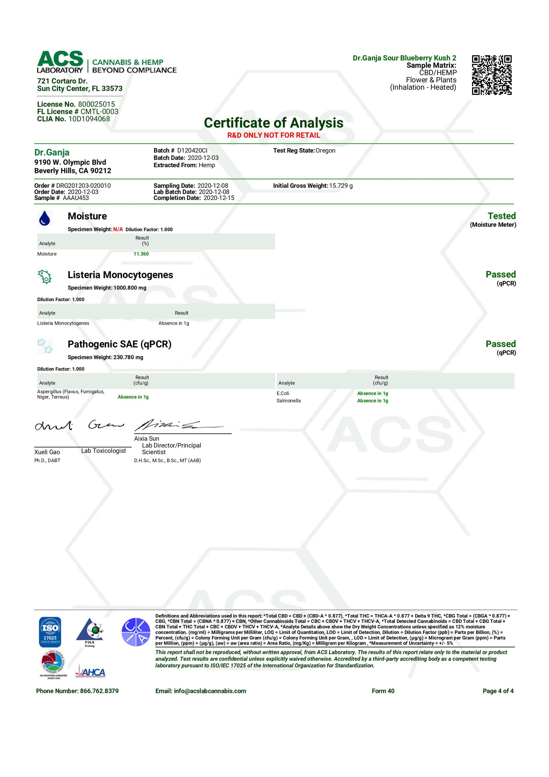 Dr.Ganja Sour Blueberry Kush Microbials Certificate of Analysis Dr.Ganja Sour Blueberry Kush Microbials Certificate of Analysis