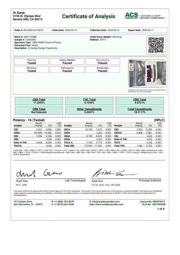 DrGanja Orange Creamsicle Cannabinoids Certificate of Analysis