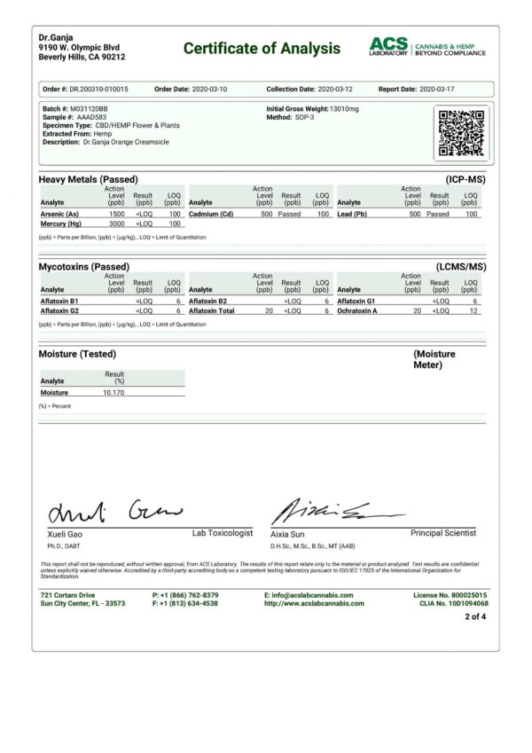 DrGanja Orange Creamsicle Heavy Metals & Mycotoxins Certificate of Analysis