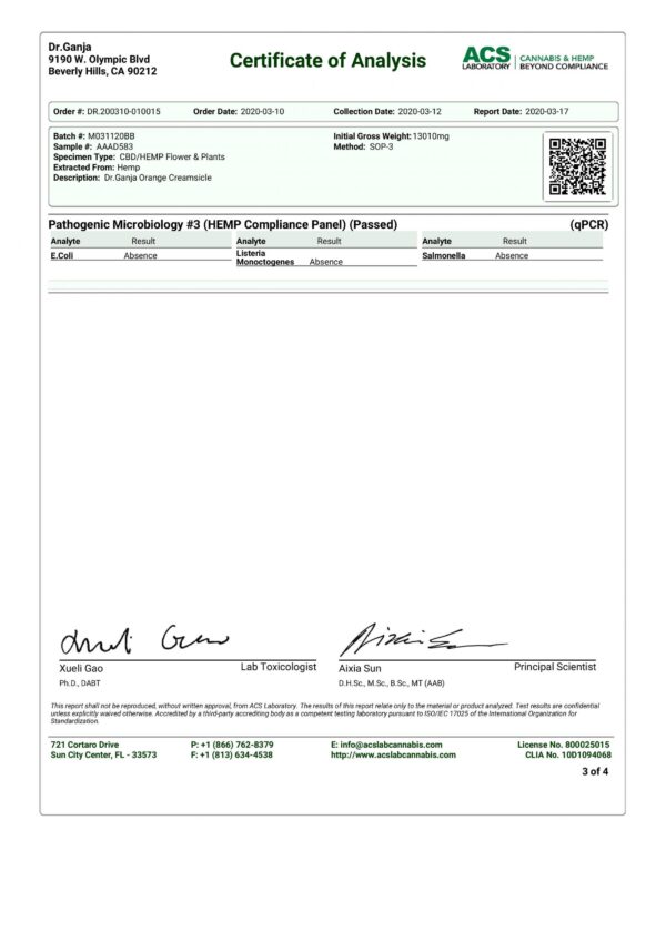 DrGanja Orange Creamsicle Microbials Certificate of Analysis