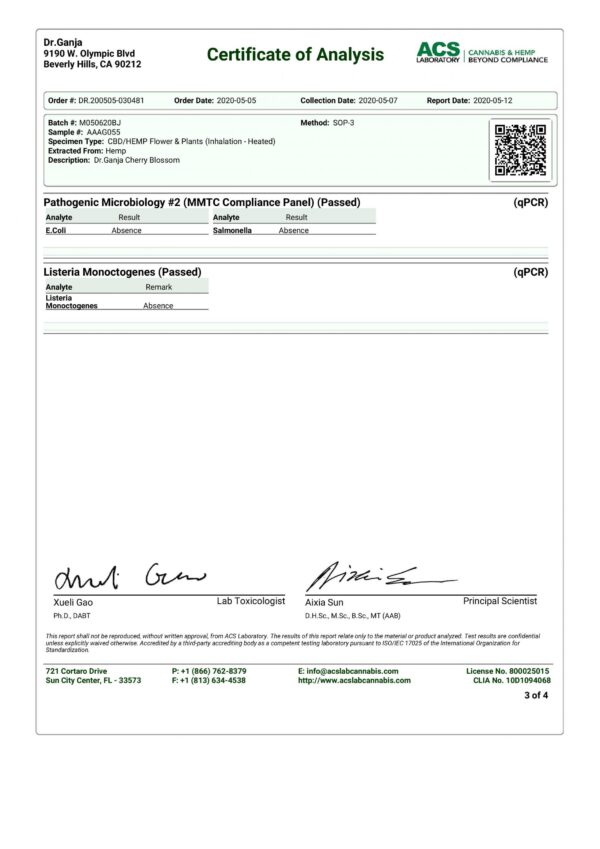 DrGanja Cherry Blossom Untrimmed Microbials & Listeria Monoctogenes Certificate of Analysis