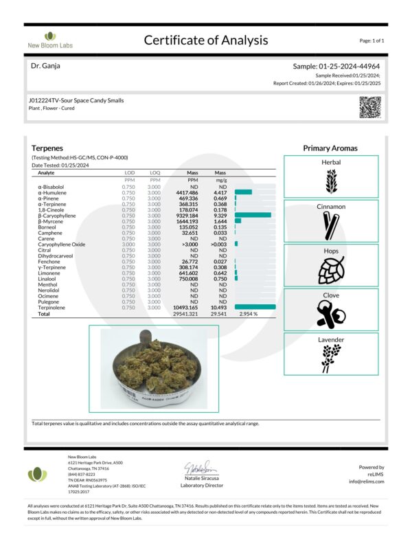 Sour Space Candy Smalls Terpenes Certificate of Analysis