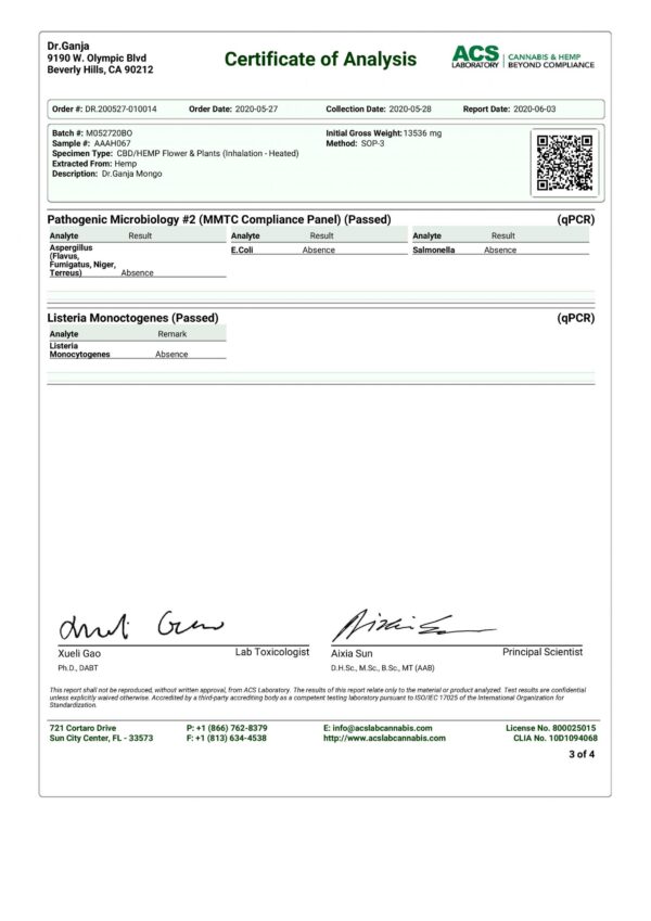 DrGanja Mongo Microbials Certificate of Analysis