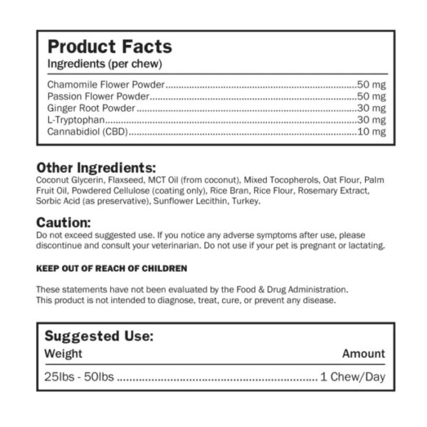 cbdMD Pet CBD Calming Chews 300mg 30ct Supplement Facts