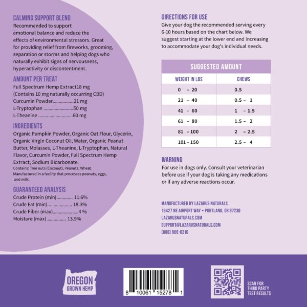 Lazarus Naturals CBD Dog Treats Calming Support 300mg 30ct Supplement Facts