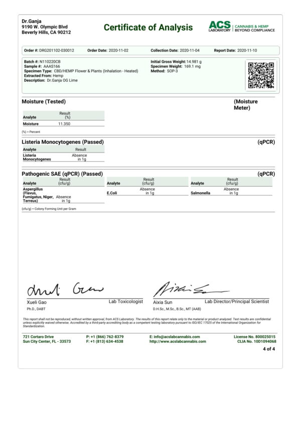 Dr.Ganja OG Lime Microbials Certificate of Analysis