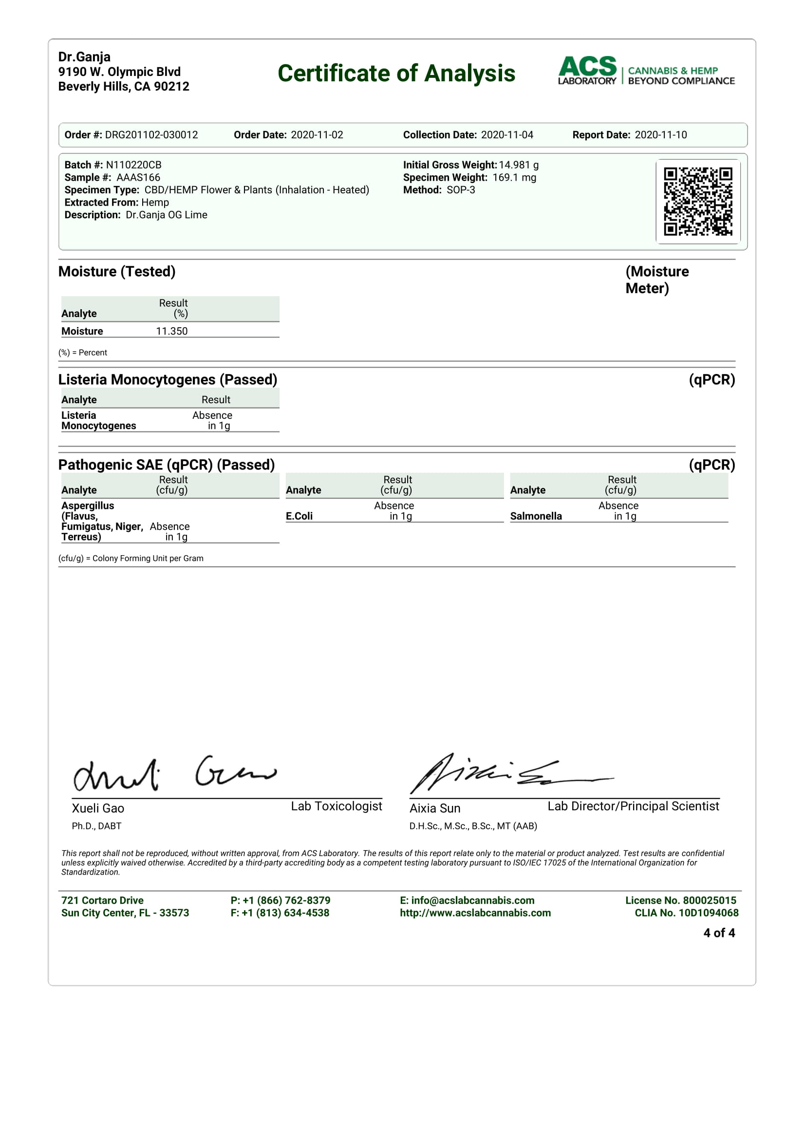 Dr.Ganja OG Lime Microbials Certificate of Analysis