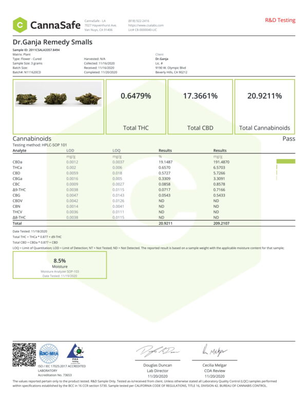 Dr.Ganja Remedy Smalls Cannabinoids Certificate of Analysis