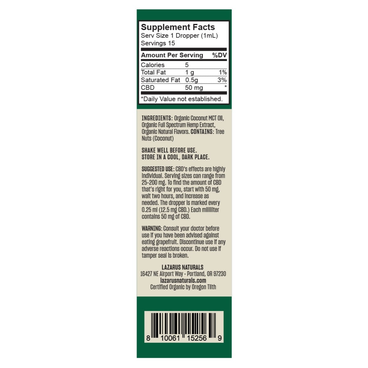 Lazarus Naturals High Potency Full Spectrum CBD Tincture Chocolate Mint 1500mg 30ml Supplement Facts