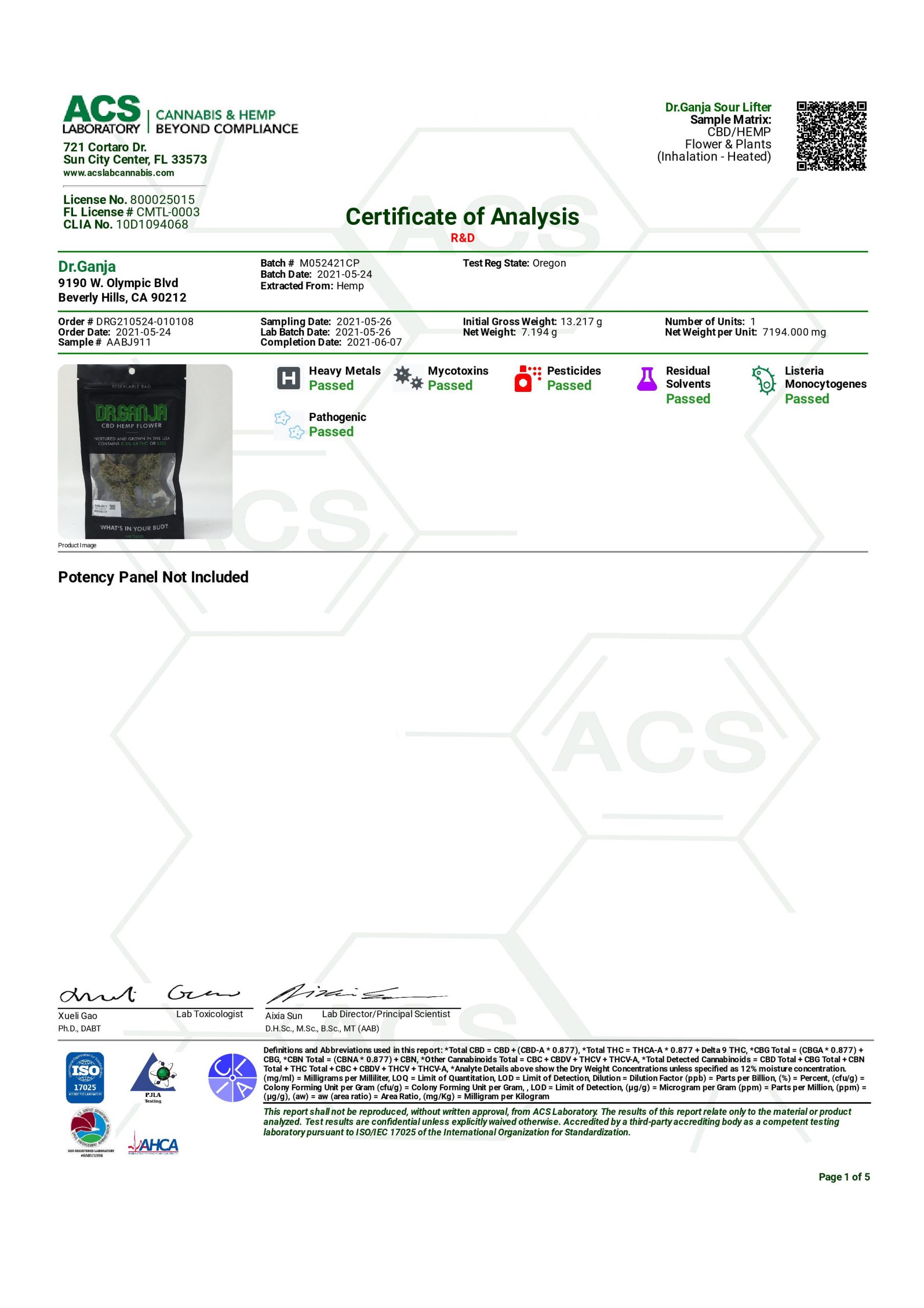 Dr.Ganja Sour Lifter Certificate of Analysis Dr.Ganja Sour Lifter Certificate of Analysis
