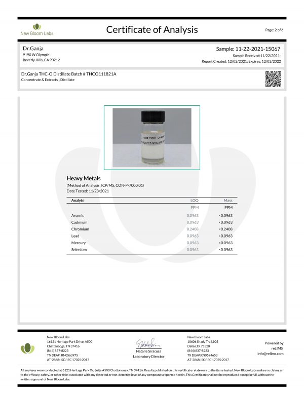 Dr.Ganja THC-O Distillate Heavy Metals Certificate of Analysis