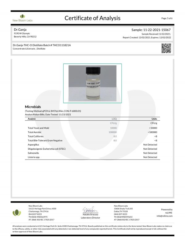Dr.Ganja THC-O Distillate Microbials Certificate of Analysis