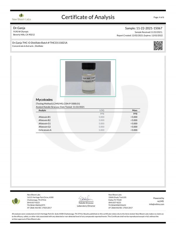 Dr.Ganja THC-O Distillate Mycotoxins Certificate of Analysis