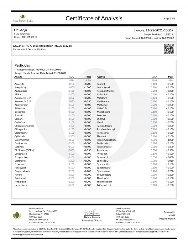 Dr.Ganja THC-O Distillate Pesticides Certificate of Analysis