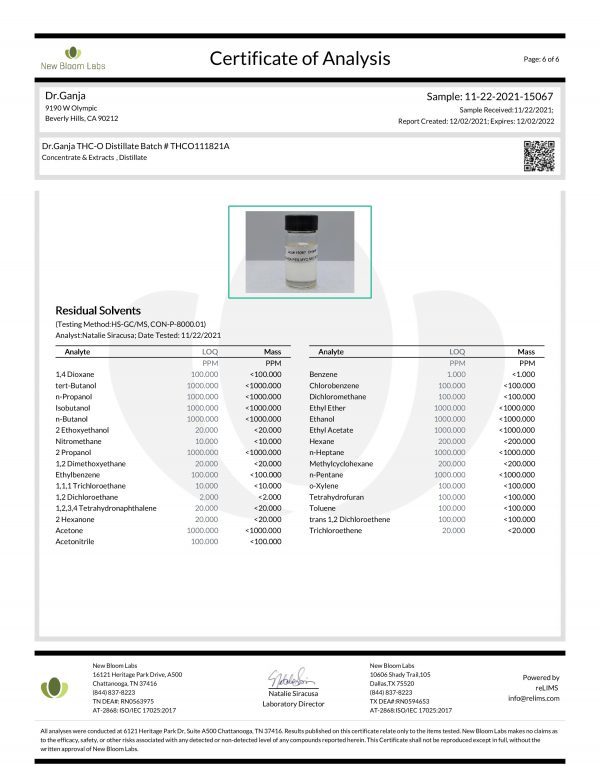 Dr.Ganja THC-O Distillate Residual Solvents Certificate of Analysis