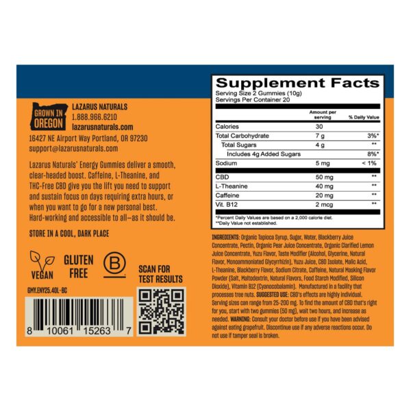 Lazarus Naturals THC Free CBD Energy Gummies Blackberry Label
