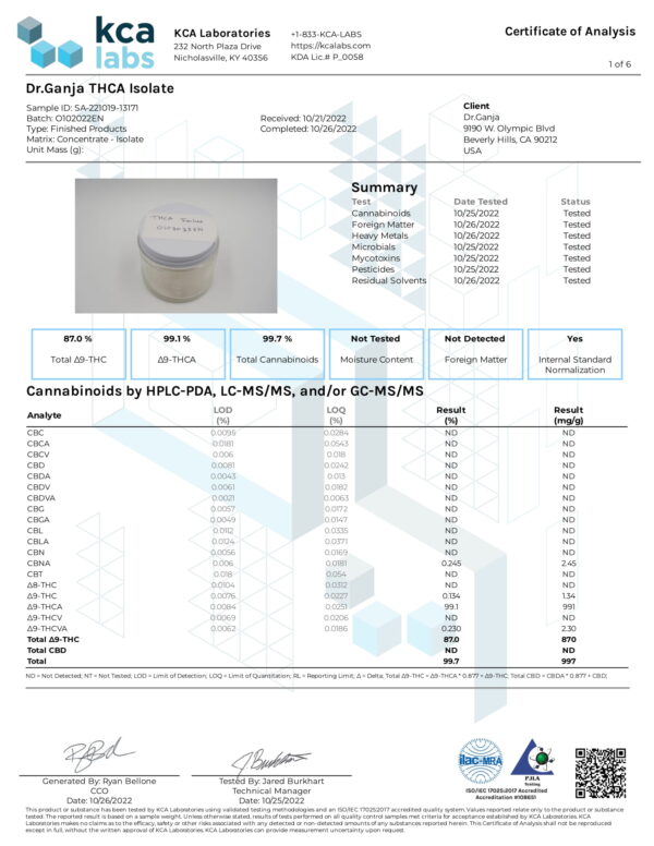 Dr.Ganja THCA Isolate KCA Labs Cannabinoids Certificate of Analysis