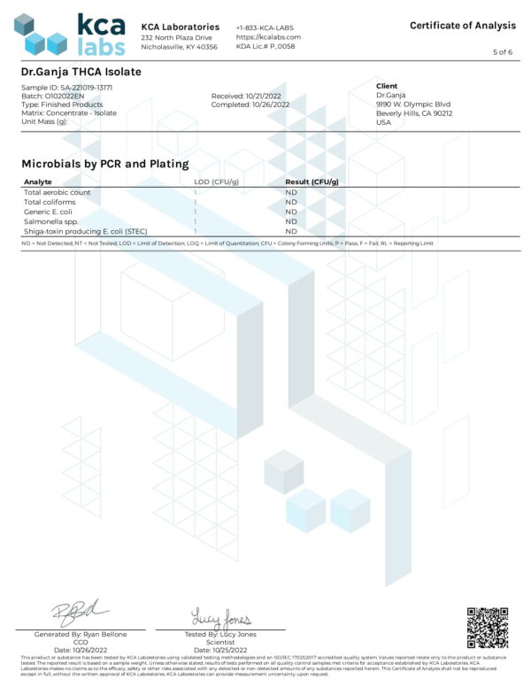 Dr.Ganja THCA Isolate KCA Labs Microbials Certificate of Analysis