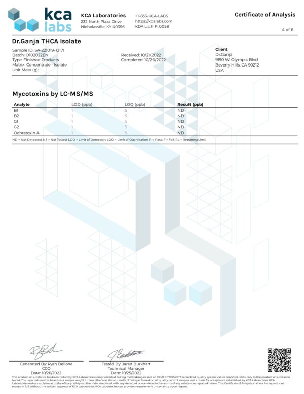 Dr.Ganja THCA Isolate KCA Labs Mycotoxins Certificate of Analysis
