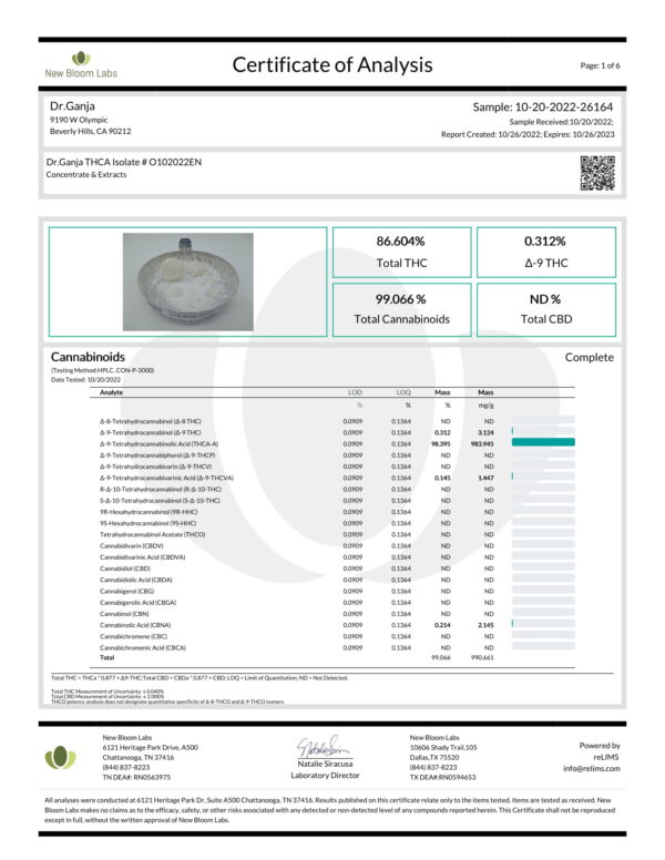 Dr.Ganja THCA Isolate New Bloom Labs Cannabinoids Certificate of Analysis