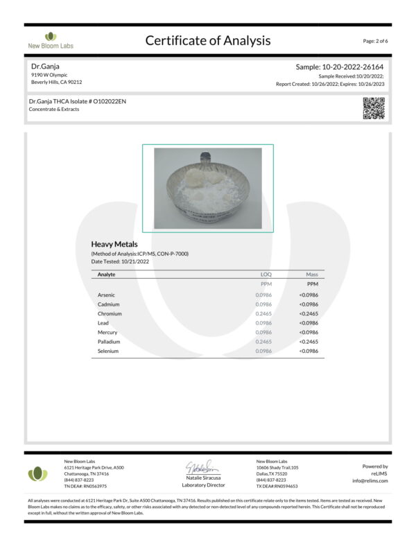 Dr.Ganja THCA Isolate New Bloom Labs Heavy Metals Certificate of Analysis