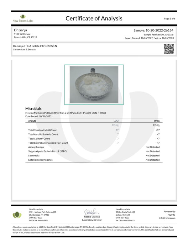 Dr.Ganja THCA Isolate New Bloom Labs Microbials Certificate of Analysis