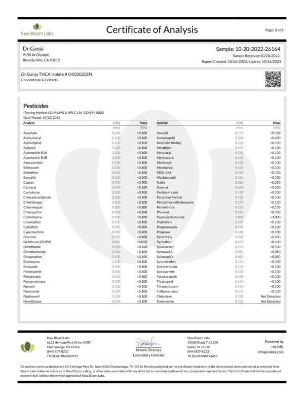 Dr.Ganja THCA Isolate New Bloom Labs Pesticides Certificate of Analysis