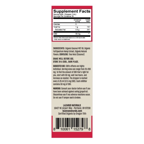 Lazarus Naturals High Potency Full Spectrum CBD Tincture Strawberry Lemonade 1500mg 30ml Supplement Facts