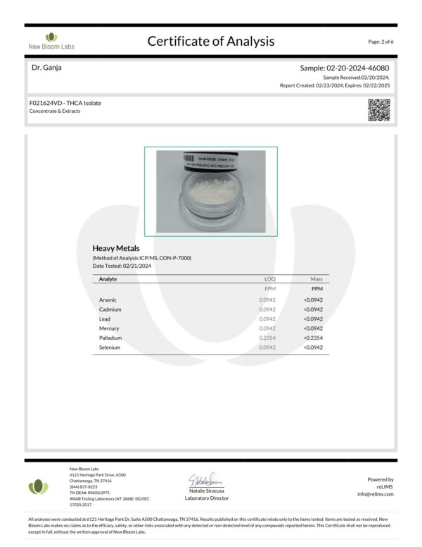 THCA Isolate Heavy Metals Certificate of Analysis