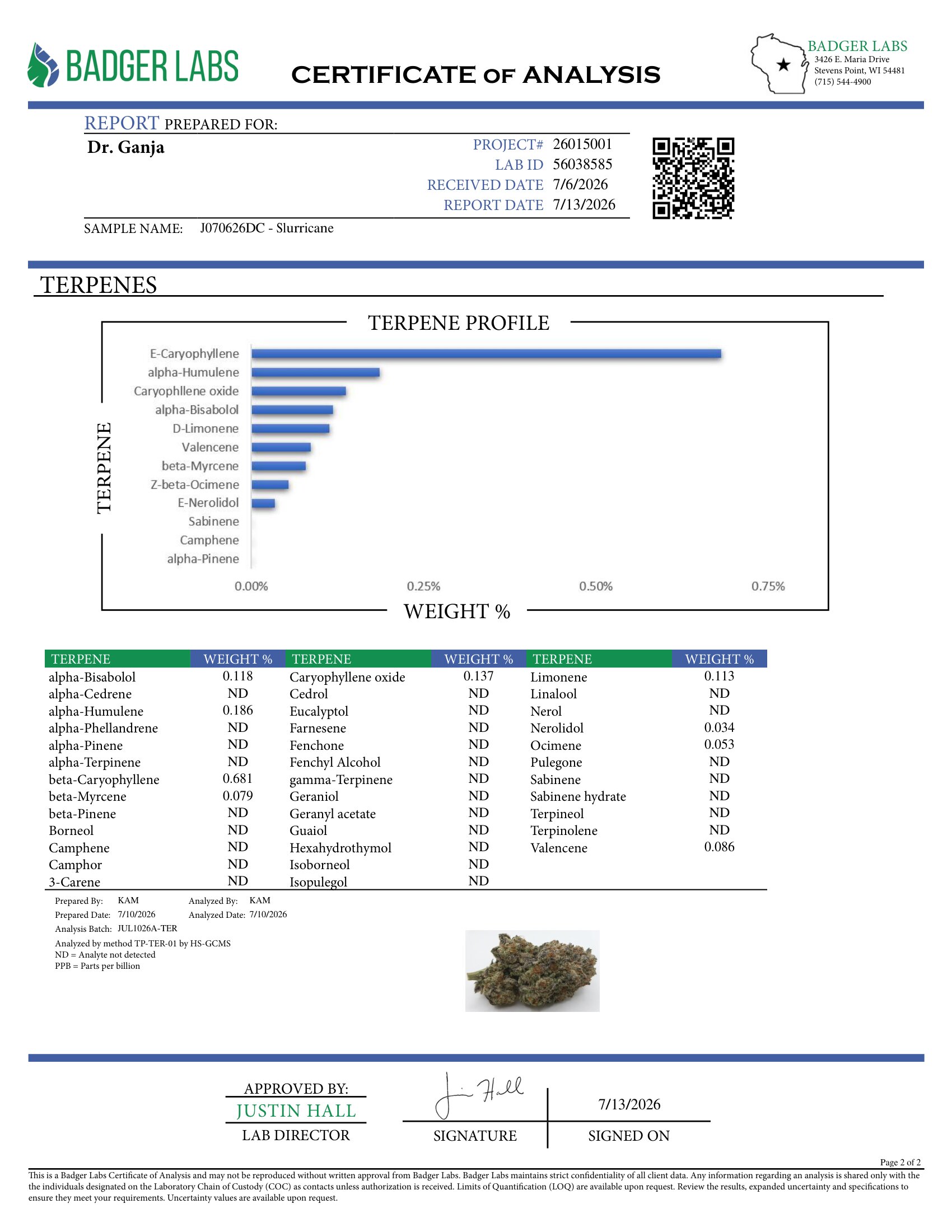 Slurricane Terpenes Certificate of Analysis