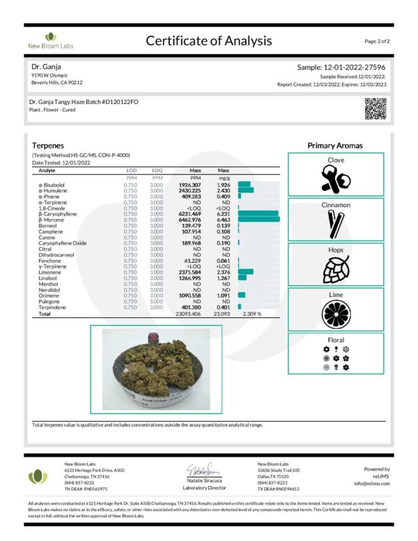 Dr.Ganja Tangy Haze Terpenes Certificate of Analysis