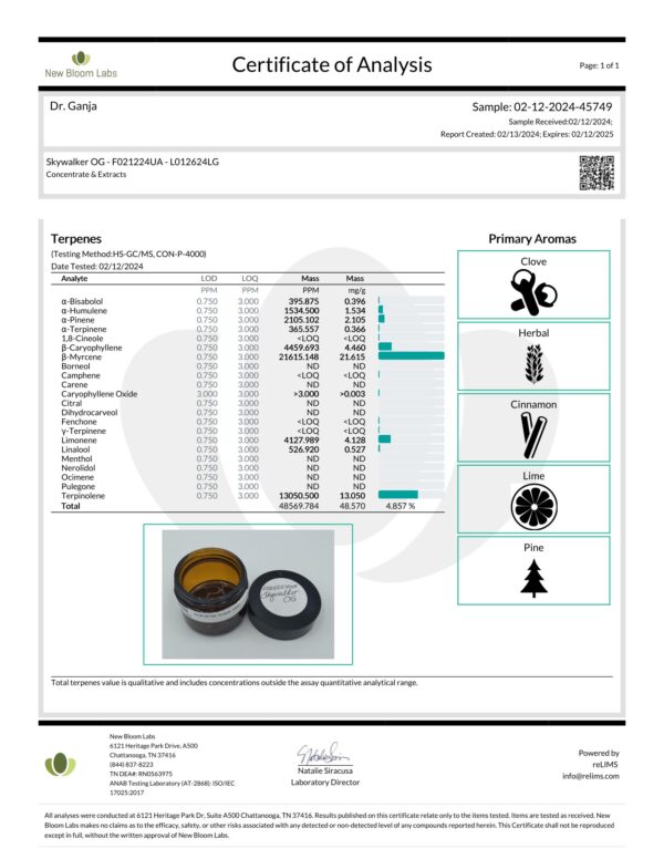 Diamond Distillate Skywalker OG Terpenes Certificate of Analysis