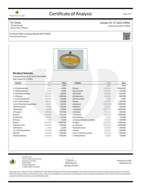 Dr.Ganja THCA Live Resin Residual Solvents Certificate of Analysis