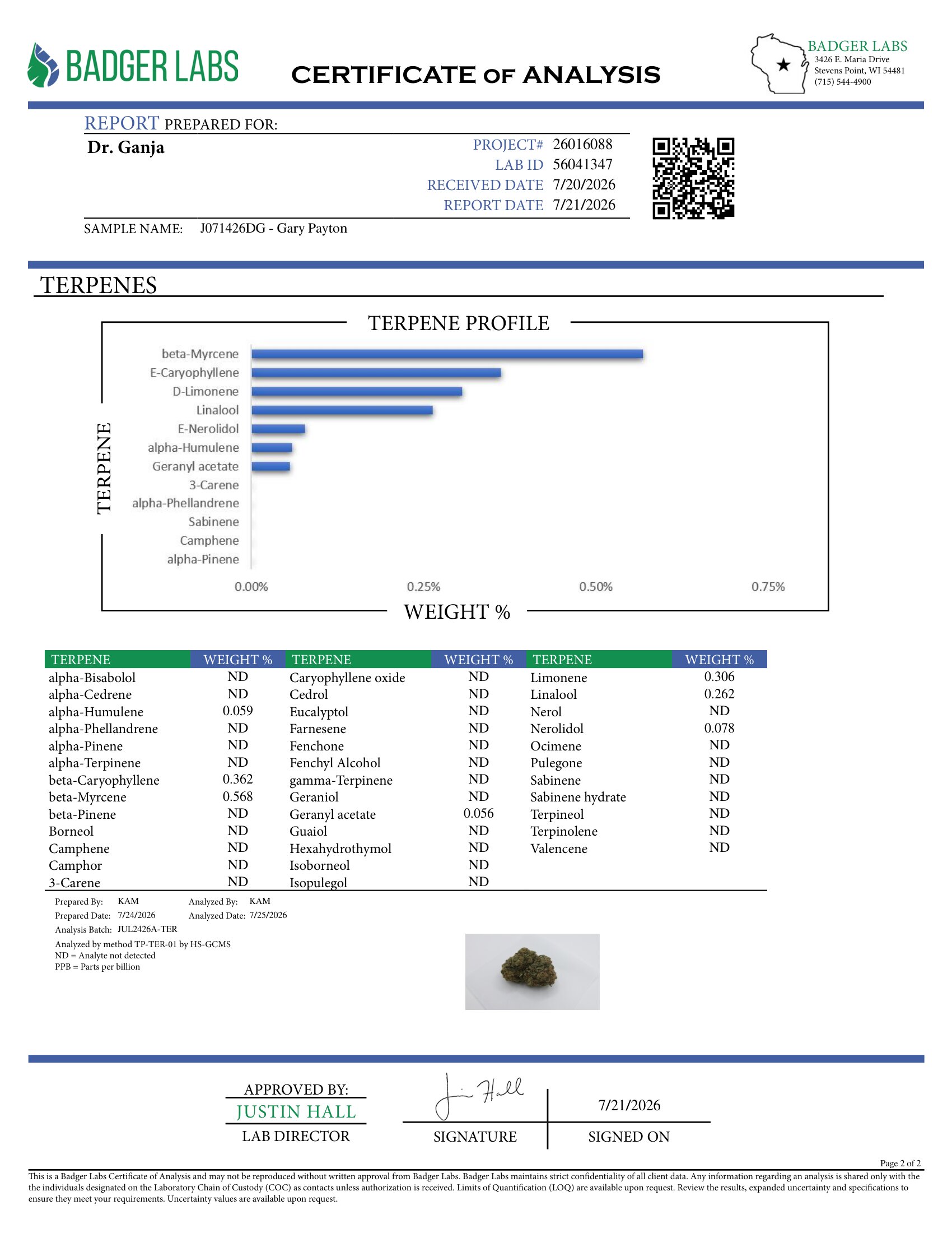 Gary Payton Terpenes Certificate of Analysis