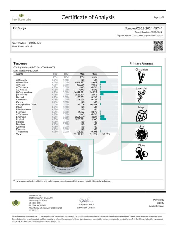 Gary Payton Terpenes Certificate of Analysis